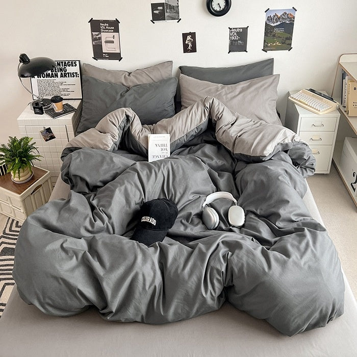 Washed Cotton Solid Color Double Spliced Four-Piece Bedding Set - Sheet, Quilt Cover, Pillowcases for Employee and Dormitory Use - Korvel