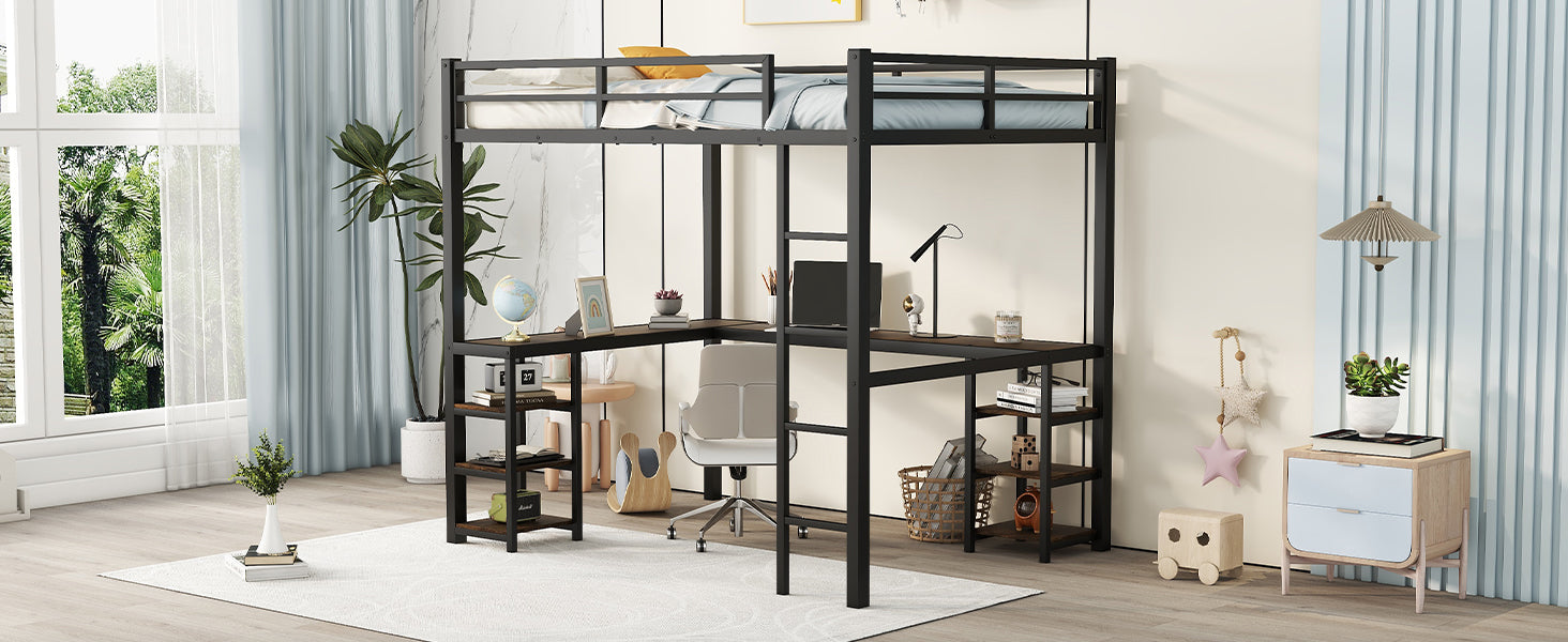 Full metal loft bed with desk and shelf, loft bed with ladder and guardrail, black with retro wood desk - Korvel
