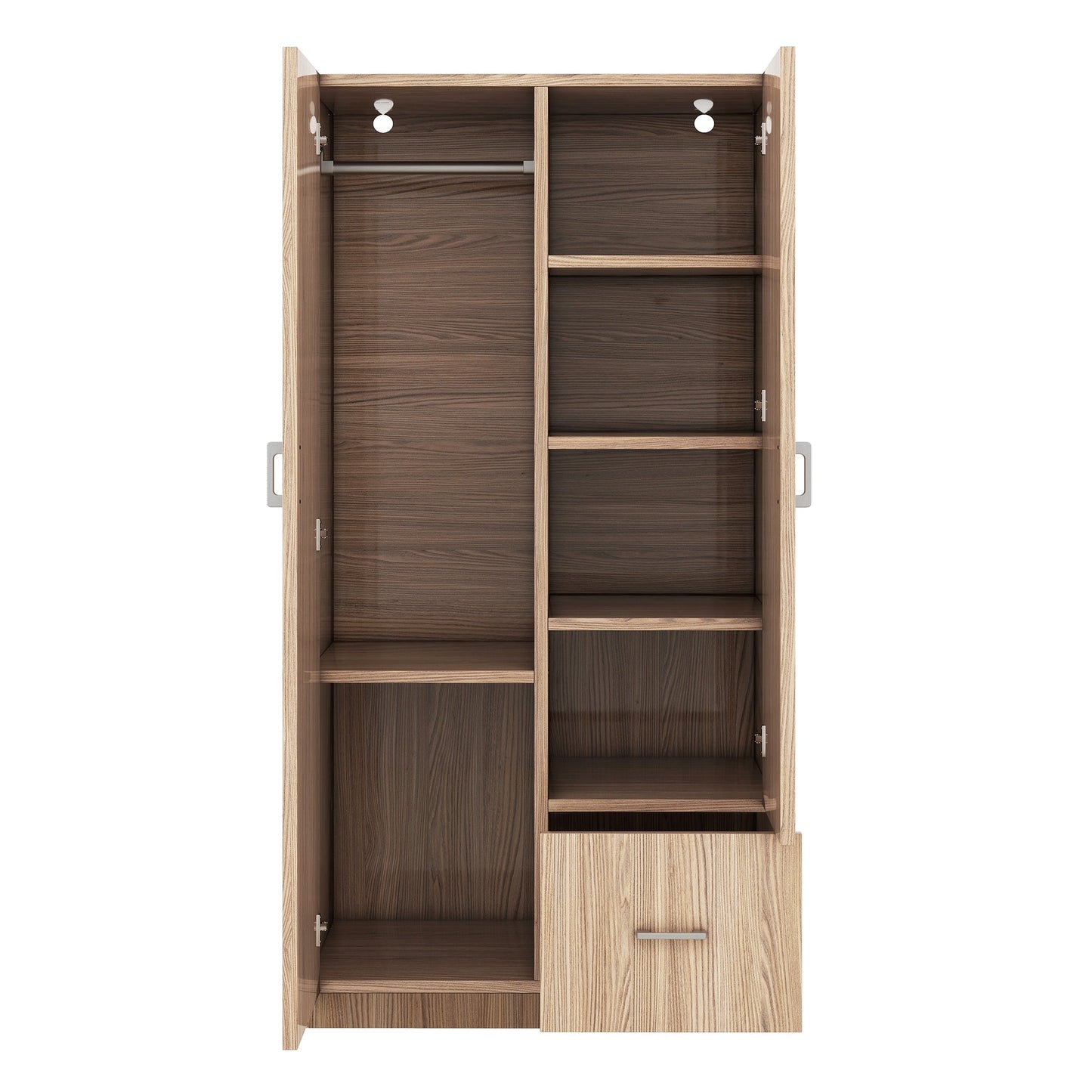 Wooden Wardrobe with Double Doors, Armoire with Hanging Rod, 5 Fixed Shelves, One Storage Drawer,Natural - Korvel