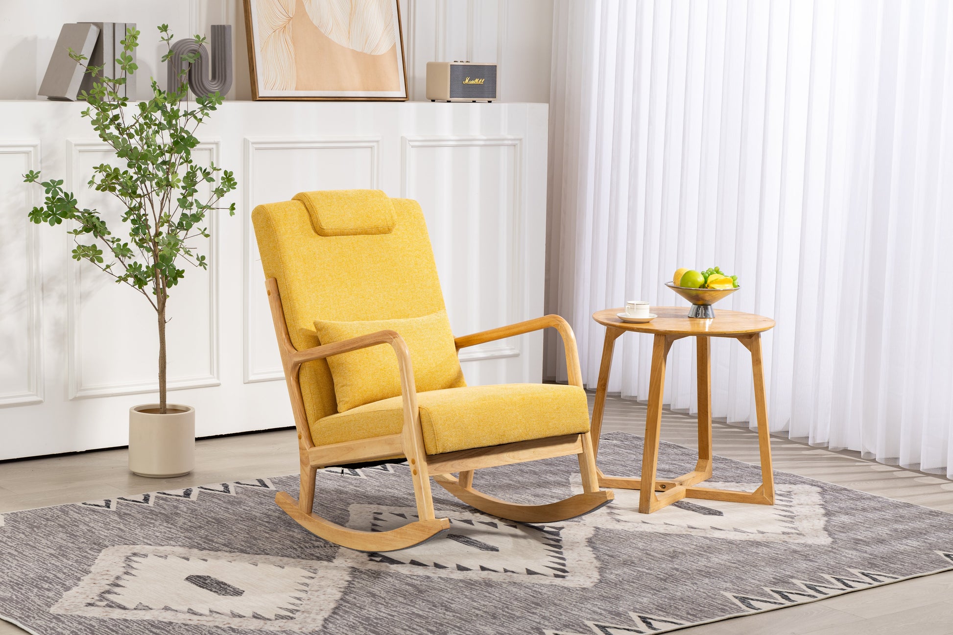 Rocking Chair Upholstered Fabric Rocking Armchair Indoor with High Backrest Glider Chairs and Lumbar Pillow for Living Room - Korvel