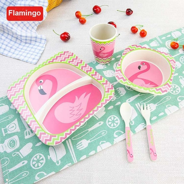 5pcs/set Children Baby Bamboo Fiber Tableware Baby Tableware Set Cartoon Animal Tableware Aet - Korvel