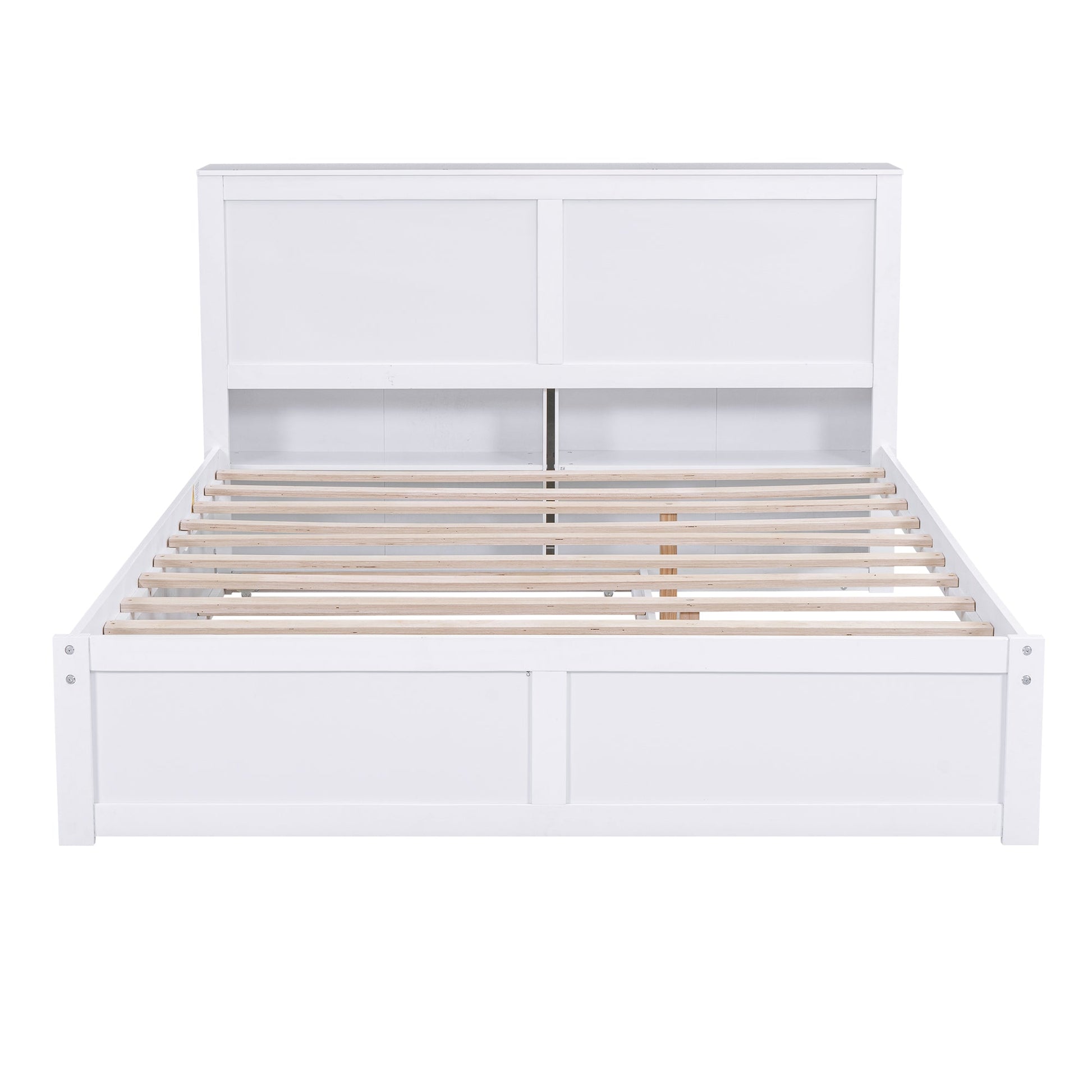 Queen Size Storage Platform Bed with Pull Out Shelves and Twin XL Size Trundle  White - Korvel