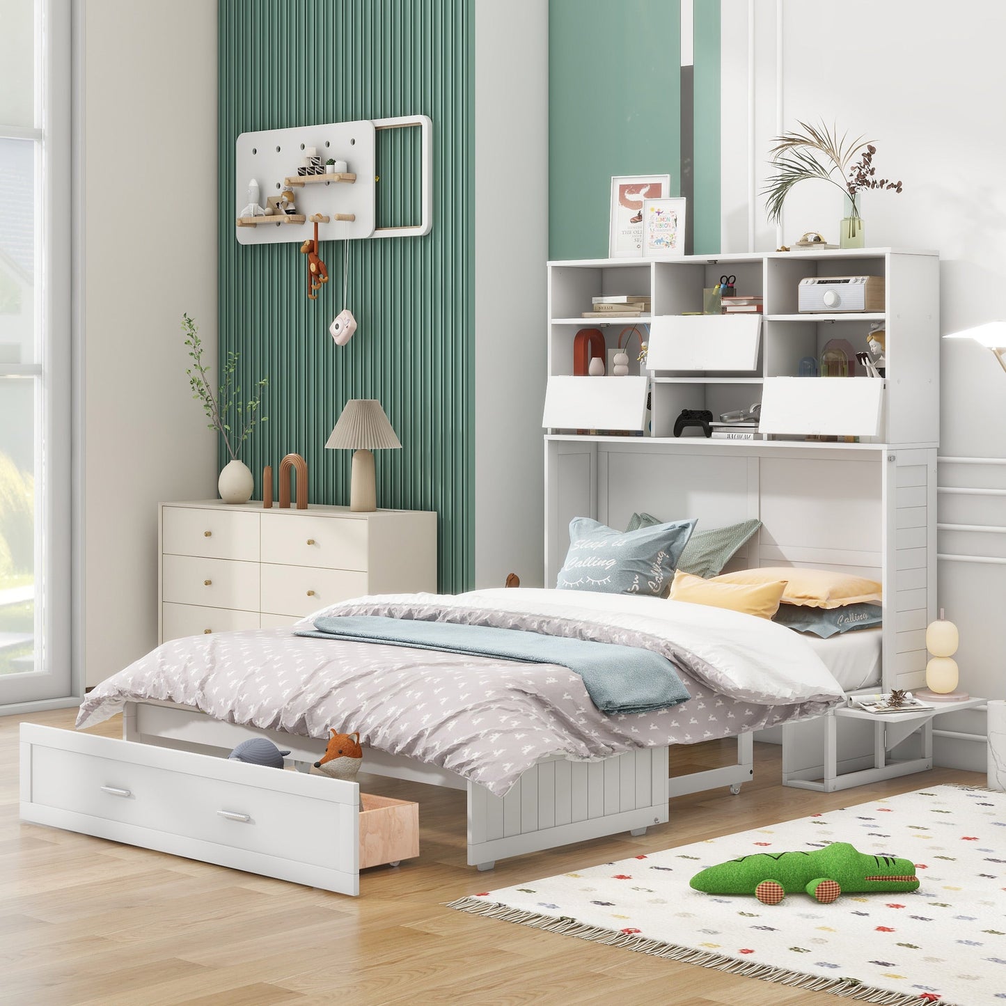 ueen Size Murphy Bed with Bookcase, Bedside Shelves and a Big Drawer, White - Korvel