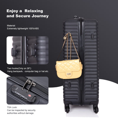3 Piece Luggage Sets ABS Lightweight Suitcase with Two Hooks, Spinner Wheels, TSA Lock, (20/24/28) Black - Korvel