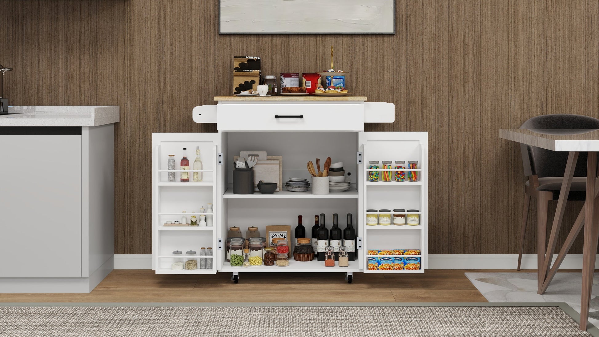 Kitchen island rolling trolley cart with 1 drawer & 2 doors with storage racks & Adjustable Shelves & towel rack - Korvel