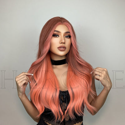 Long Curly Hair 24inch Women's Wig Set In The Middle Part Orange Pink - Korvel