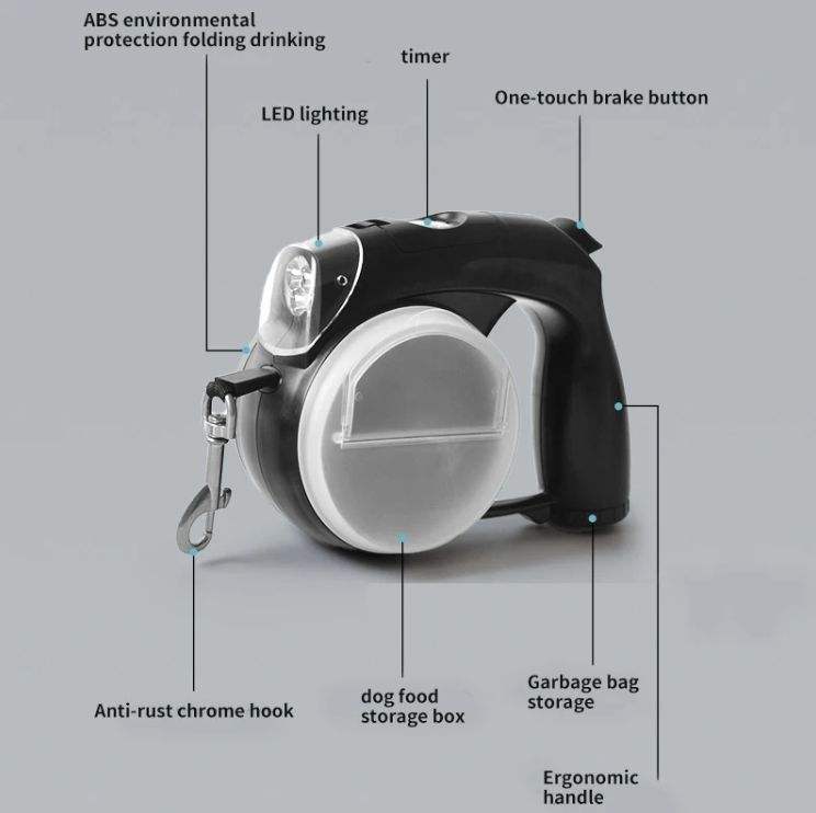 5 In 1 Multifunctional Dog Leash And Collar Custom Waterproof Automatic Led Retractable Dog Leash Poop Bag - Korvel