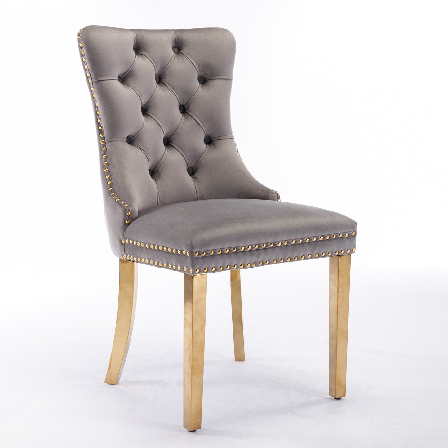 Tufted solid wood velvet cushioned dining chair, gold-plated stainless steel nail leg heads, 2 pieces in gray and gold - Korvel