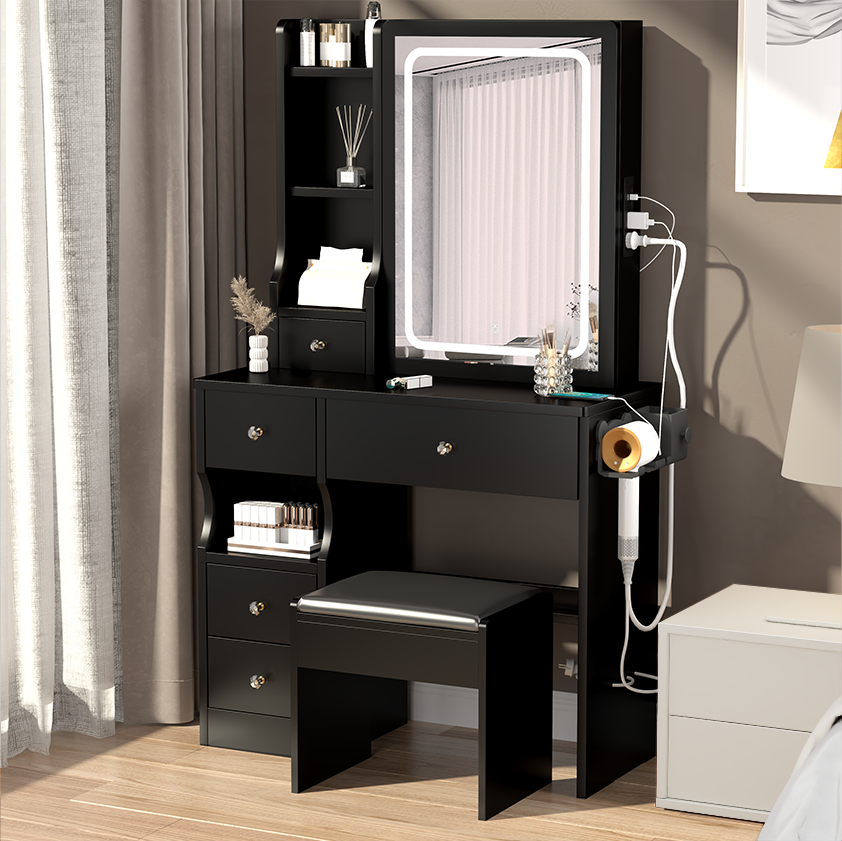 Left drawer desktop vanity+cushioned stool, 2 AC+2 USB power stations, touch sliding LED mirror, tri color switch - Korvel