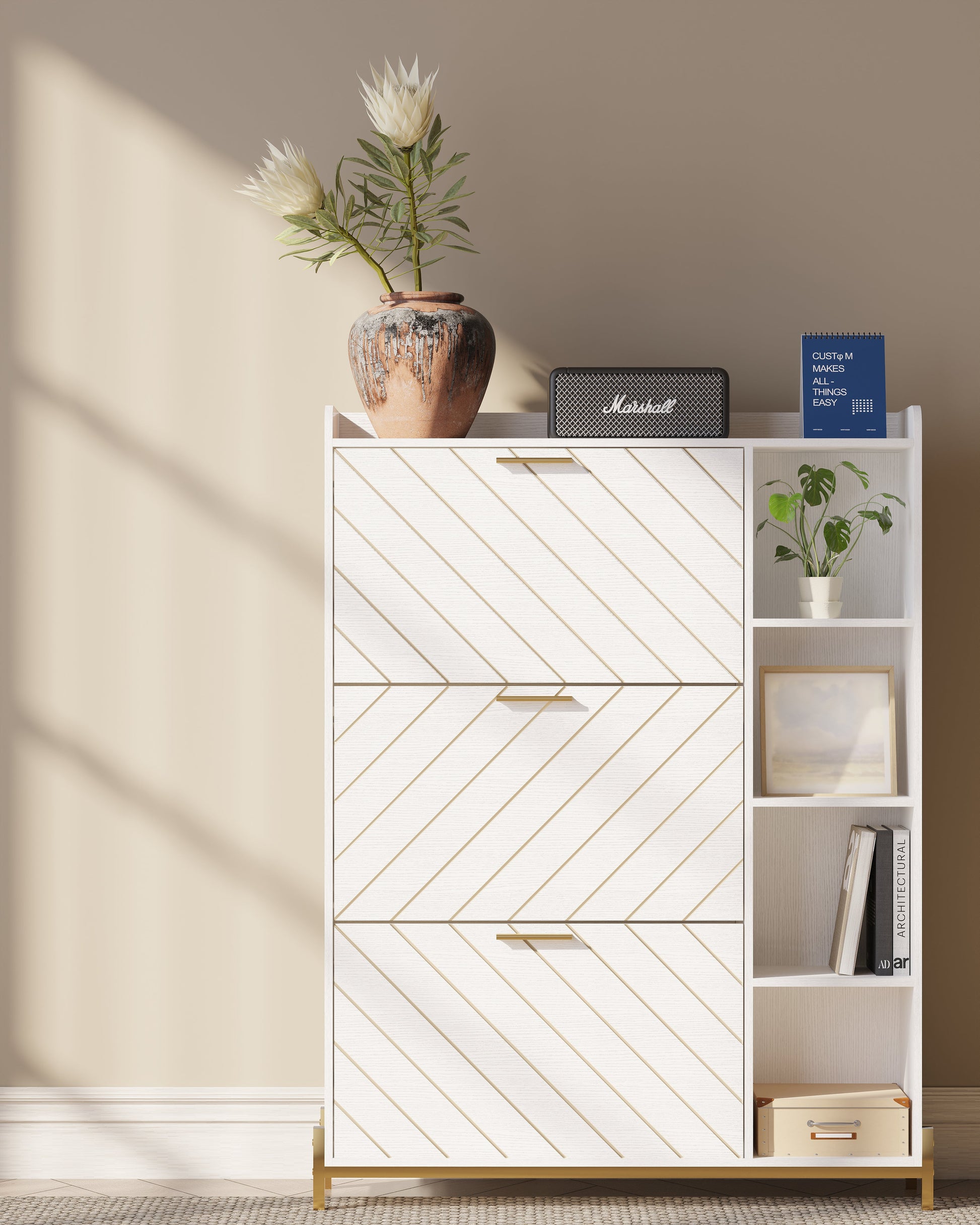 Shoe Cabinet with 3 Flip Drawers & Open Shelves, Modern Entryway Shoe Storage Cabinet Slim, Narrow Hidden Shoe Rack for Heels - Korvel