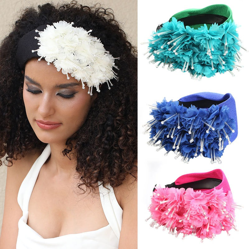 Fashionable Handmade Fabric Crystal Beads Simulated Flower Hair Hoops - Korvel