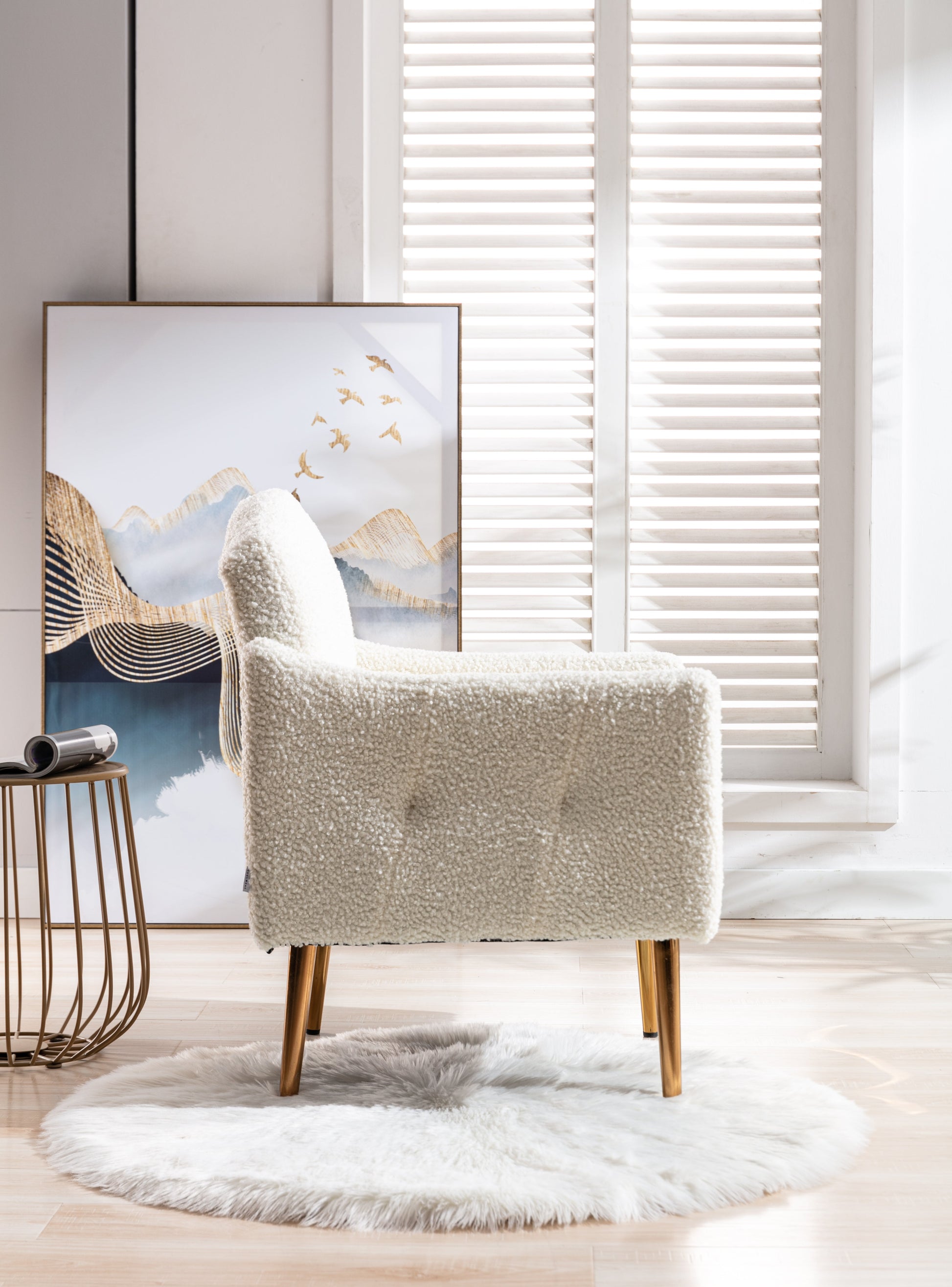 COOLMORE modern style armchair, plush decorative fabric armchair with golden metal legs (white teddy bear) - Korvel