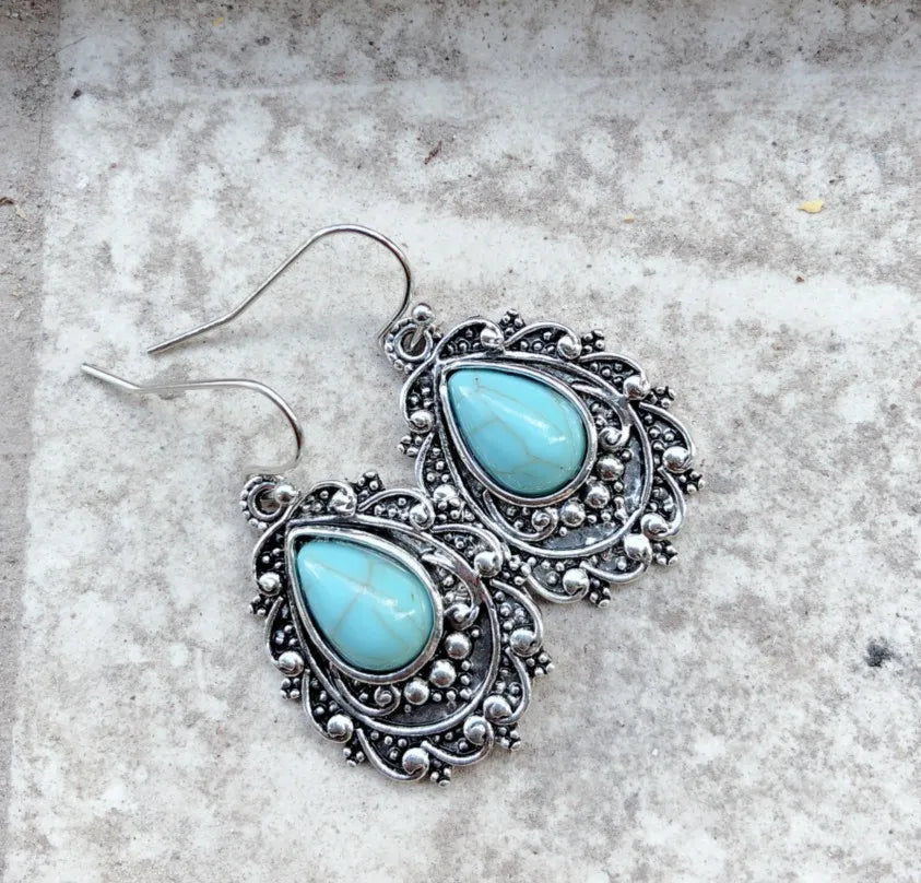 Artificial Turquoise Alloy Teardrop Dangle Earrings - Korvel