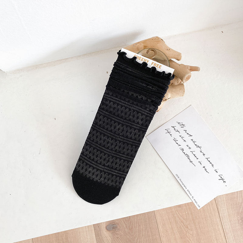1 pair of socks for women summer thin black middle tube socks Japanese lace ballet style socks mesh breathable pile socks - Korvel