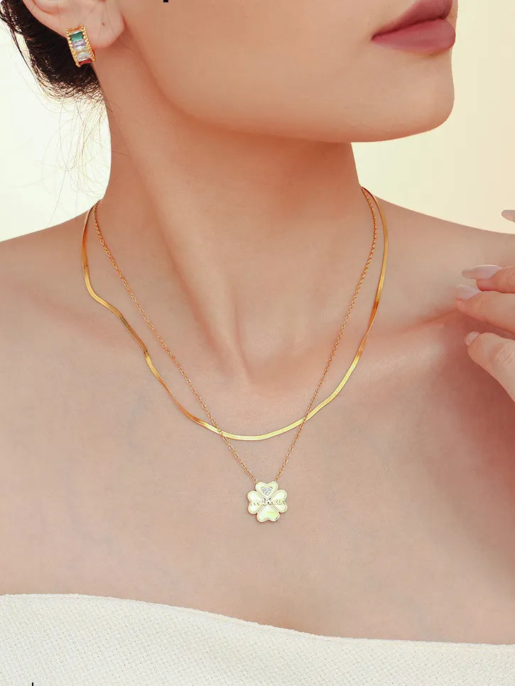 2 Piece 18K Gold-Plated Inlaid Zircon Lucky Clover Necklace - Korvel