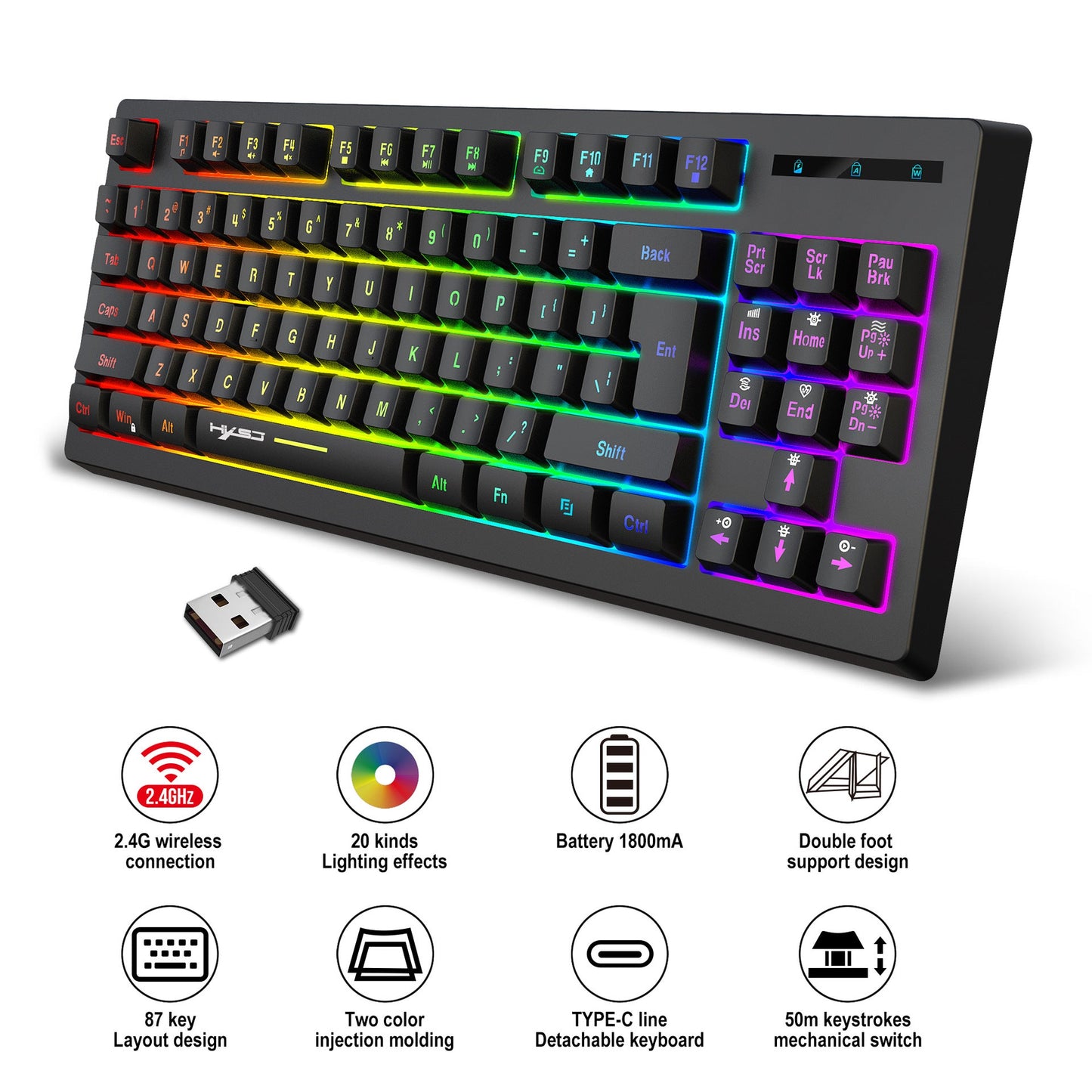 87 key wireless 2.4G film keyboard RGB backlit wireless keyboard - Korvel