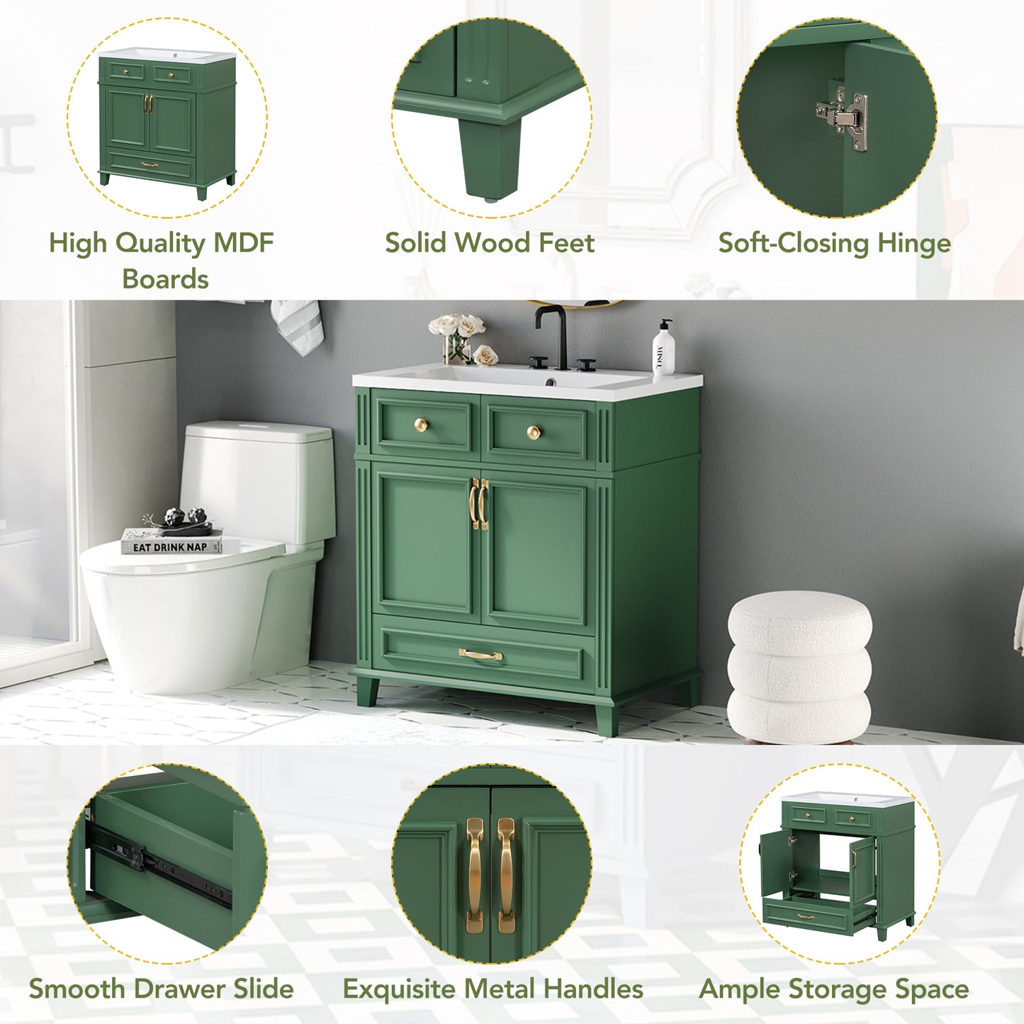 30 inch uncovered bathroom vanity with soft closed door, limited to solid wood frame bathroom storage cabinet green - Korvel