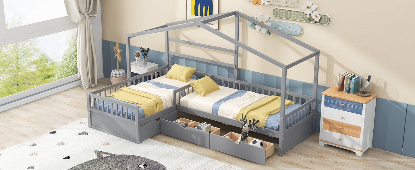 Twin Size House Platform Bed with Three Storage Drawers Gray - Korvel