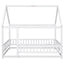 Full Size Floor Wooden Bed with House Roof Frame and Guardrails - White