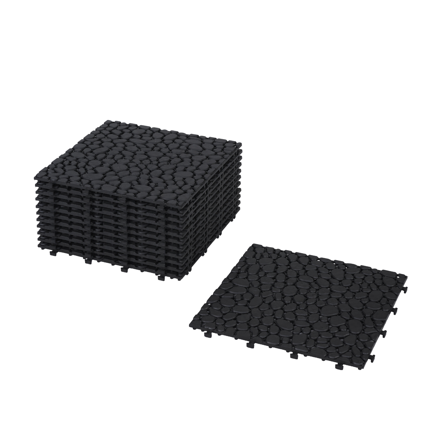 12 x 12 inch black interlocking deck tiles, plastic waterproofing, pebble pattern, pack of 12 - Korvel
