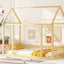 Twin Size Floor Wooden Bed with House Roof Frame and Safety Guardrails,Natural - Korvel