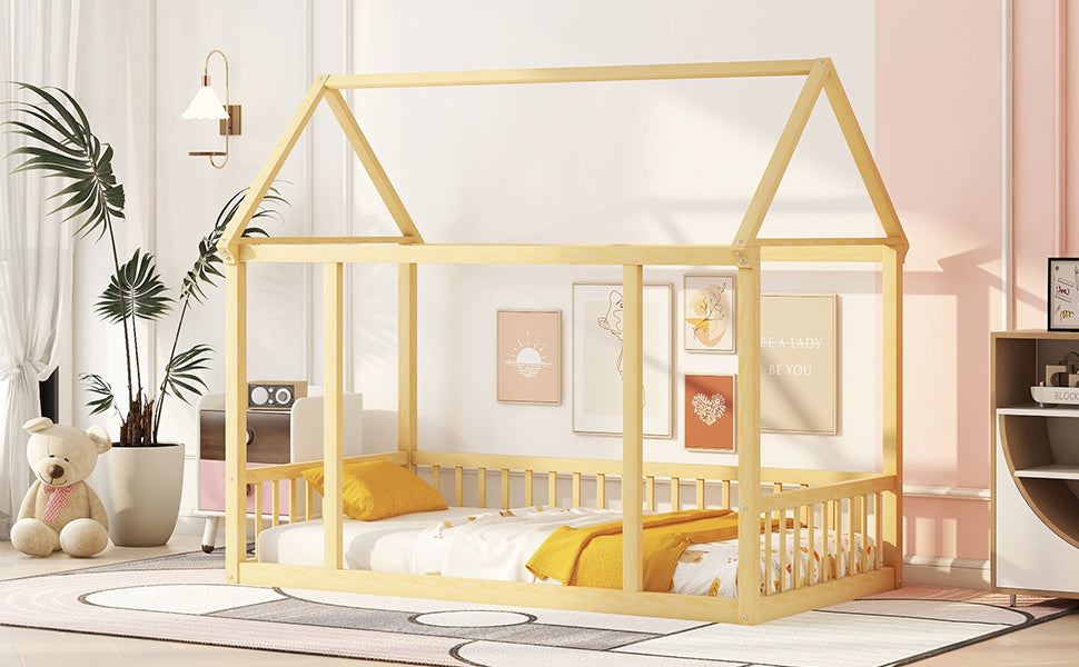 Twin Size Floor Wooden Bed with House Roof Frame and Safety Guardrails,Natural - Korvel