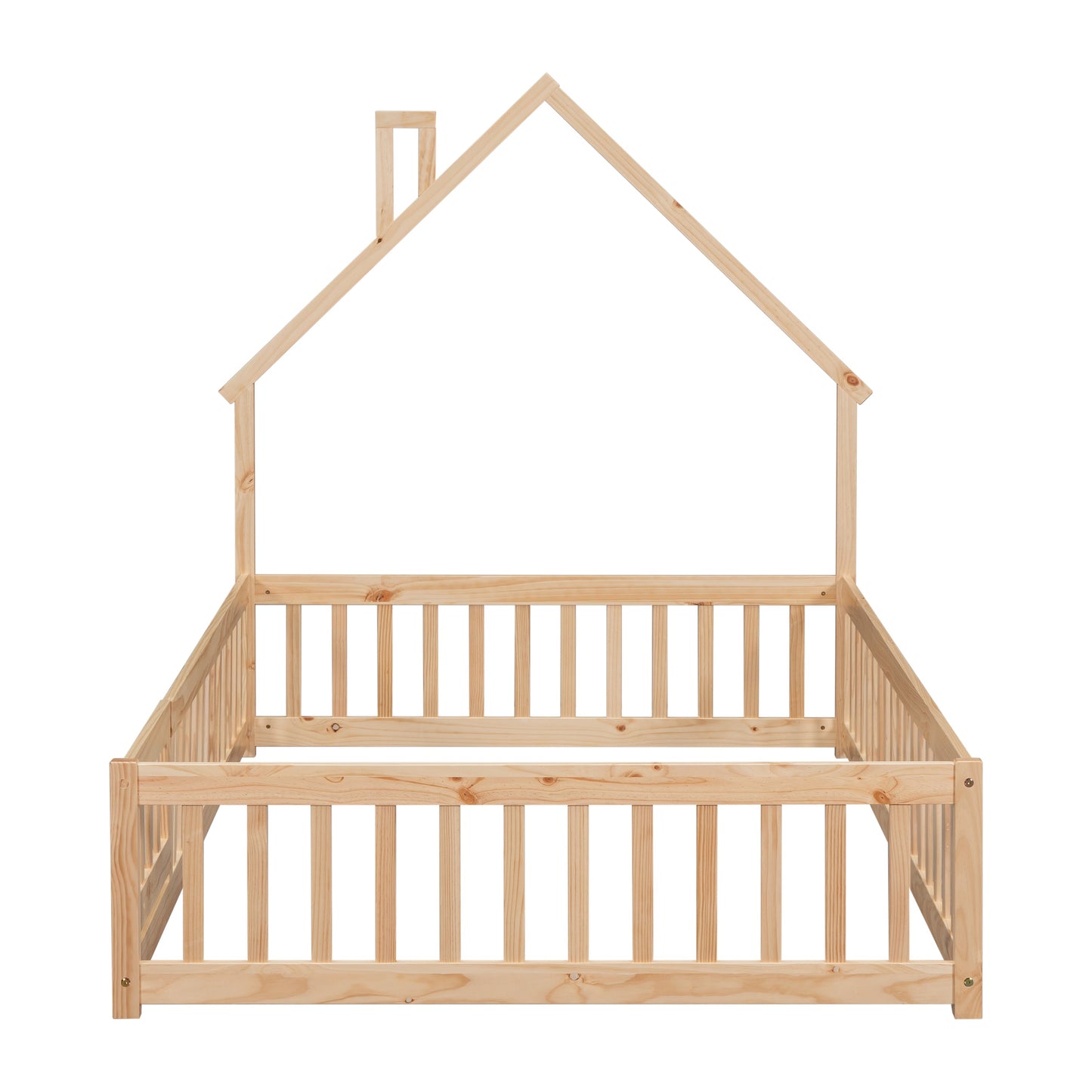 Full House-Shaped Headboard Floor Bed with Fence - Natural