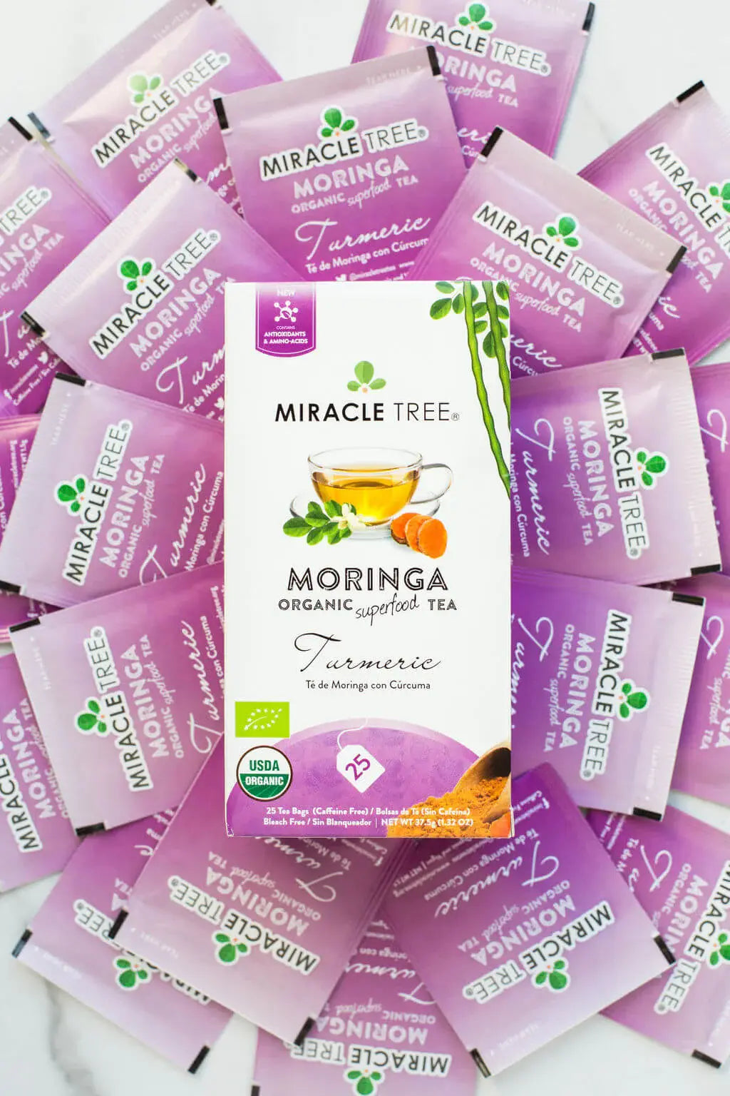 Thé biologique de Moringa et Curcuma - 25 sachets de thé emballés
