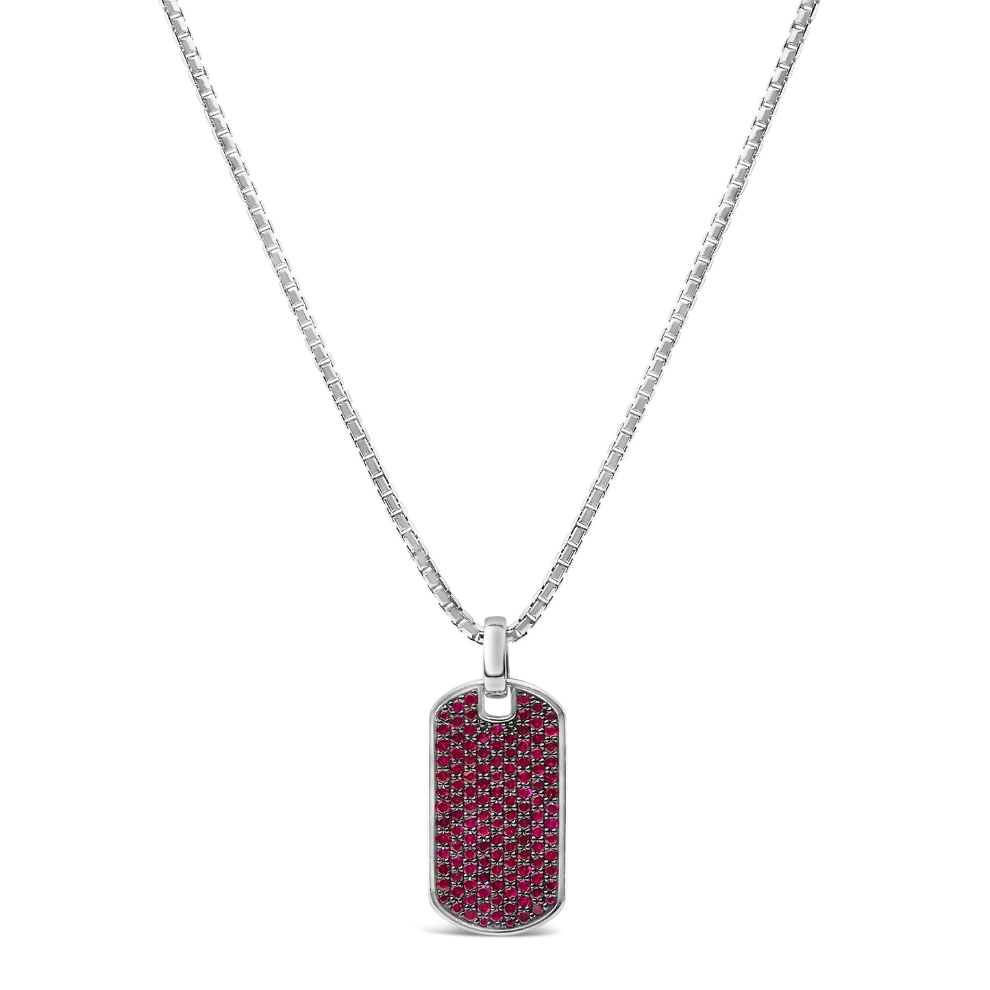 Men's .925 Sterling Silver Created Red Ruby Dog Tag Pendant Necklace - 22"