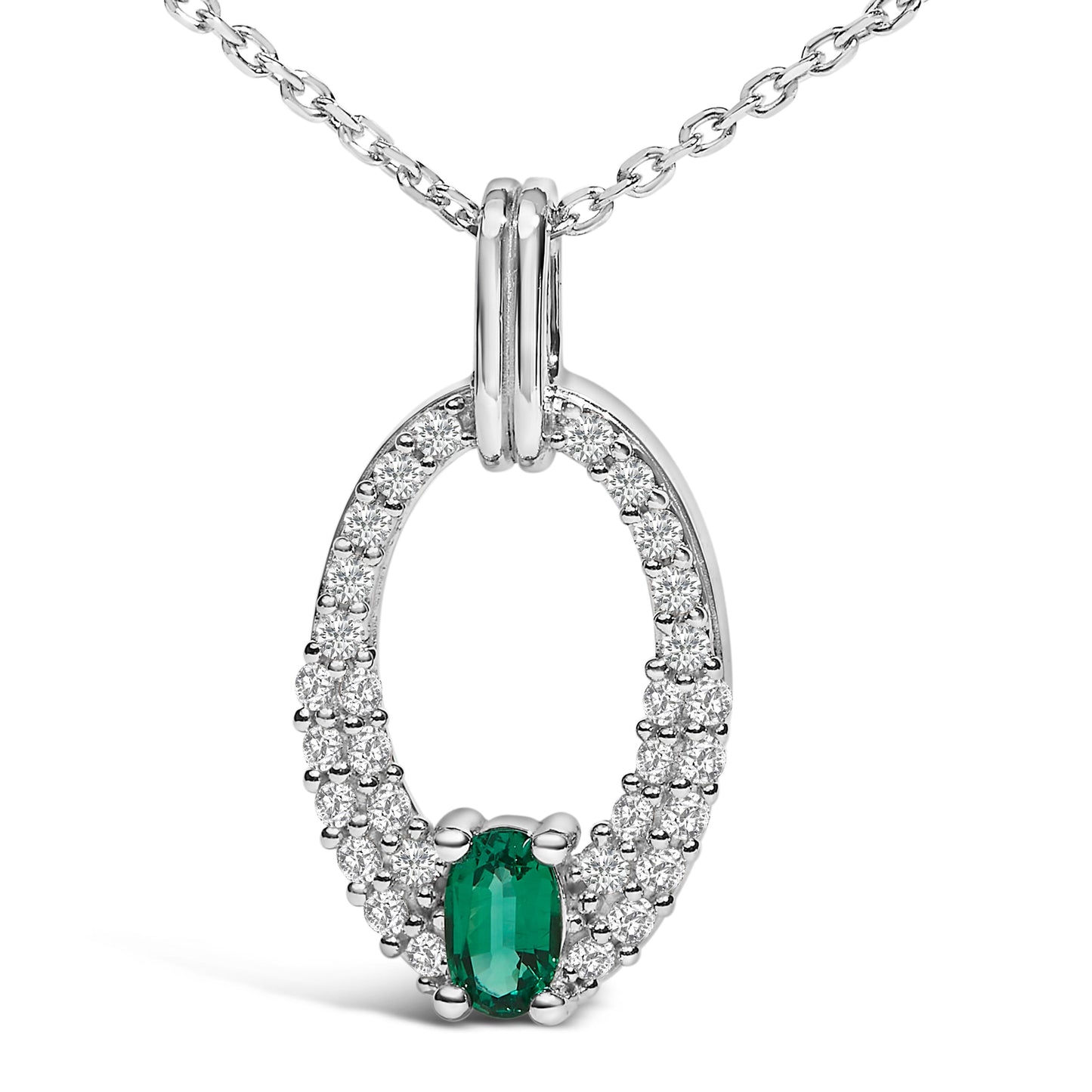 .925 Sterling Silver Created Green Emerald & White Sapphire Pendant Necklace