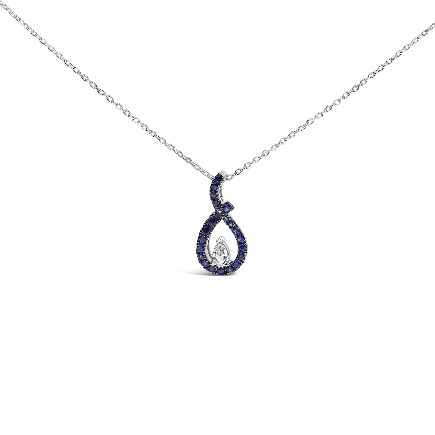 .925 Sterling Silver Blue and White Sapphire Teardrop Pendant Necklace