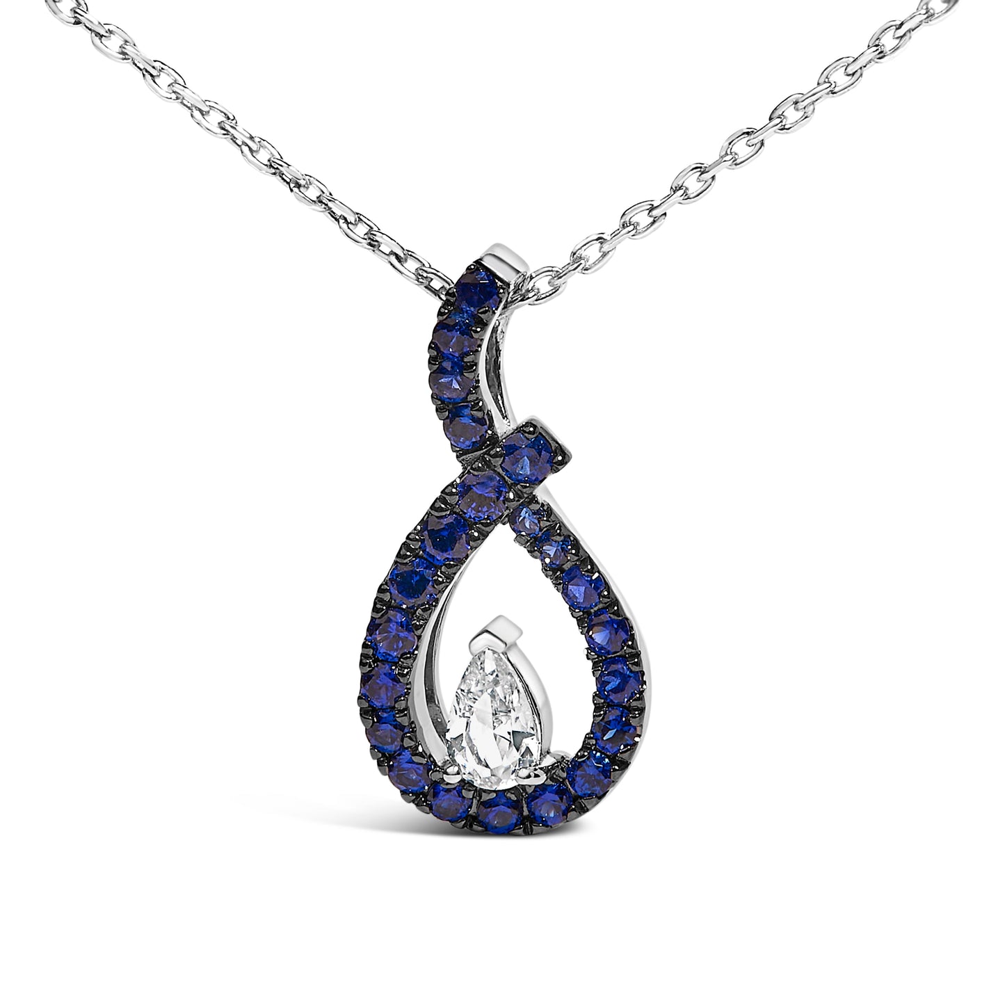 .925 Sterling Silver Blue and White Sapphire Teardrop Pendant Necklace
