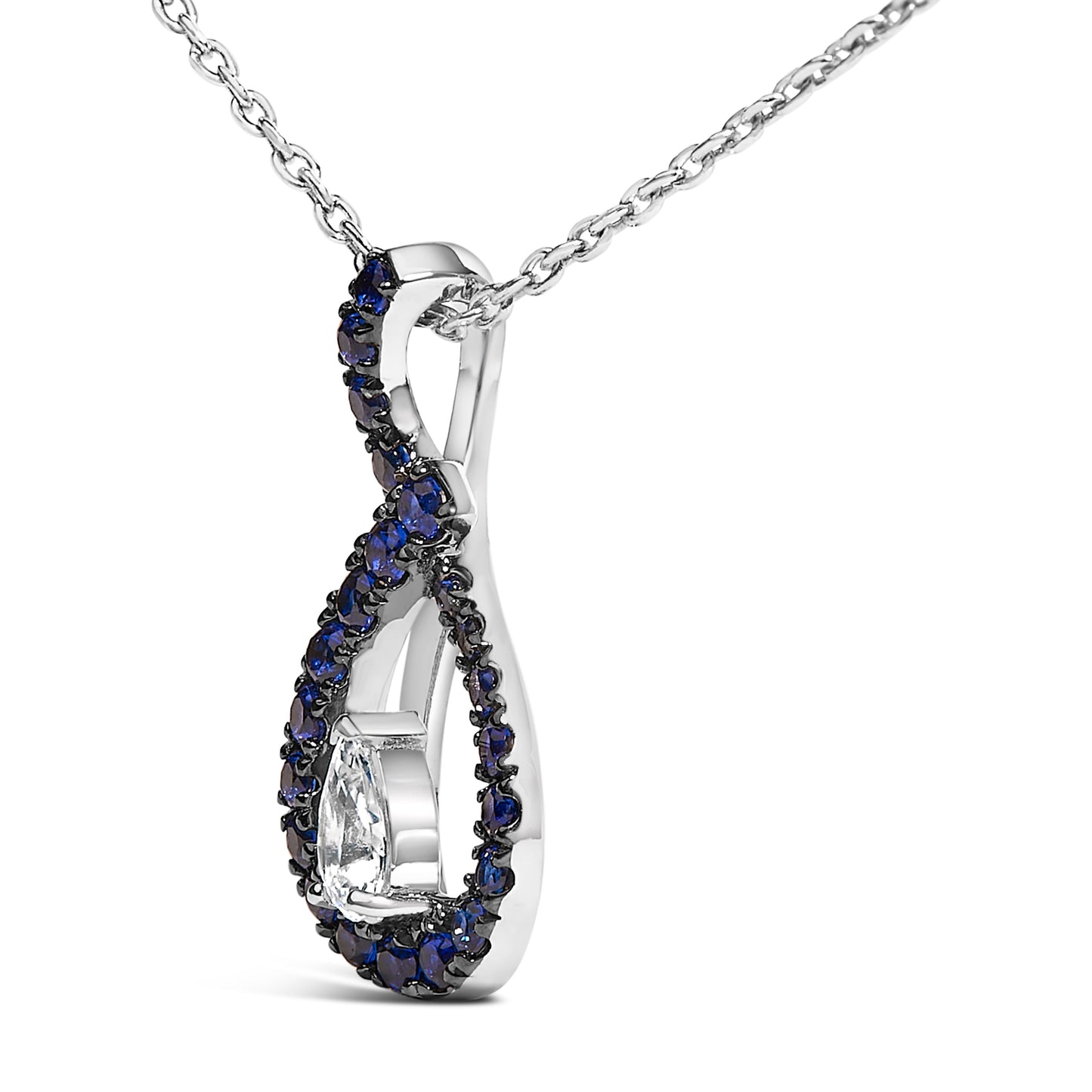 .925 Sterling Silver Blue and White Sapphire Teardrop Pendant Necklace