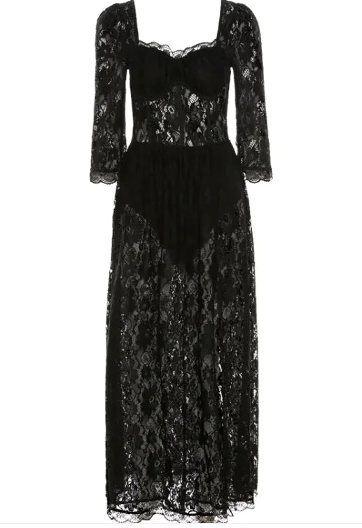 Vestido de Encaje Francés con Escote Cuadrado