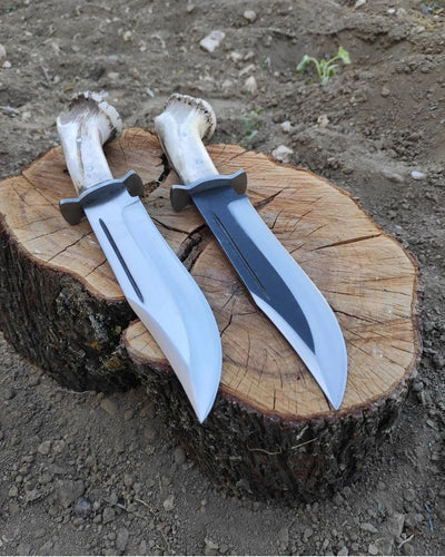 Custom 1095 High-Carbon Bowie Knife with Deer Horn Handle & Leather Sheath - Korvel