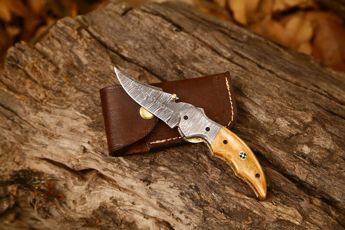 Exquisite Handmade Damascus Steel EDC Folding Knife | 3-Inch Blade, Bone Handle, Leather Sheath | Perfect Gift by KBS Knives - Korvel