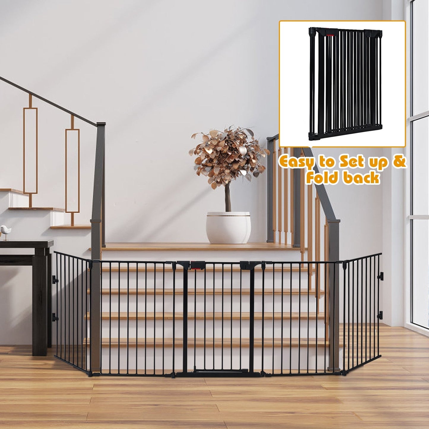 115 Inch 5 Panel Adjustable Fireplace Fence - Black