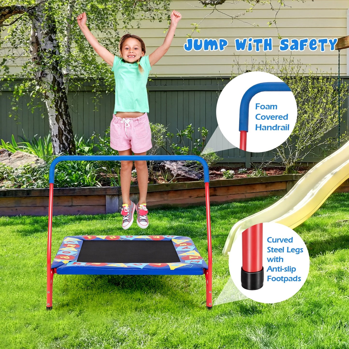 36 Inch Kids Indoor Outdoor Square Trampoline with Foamed Handrail - Blue