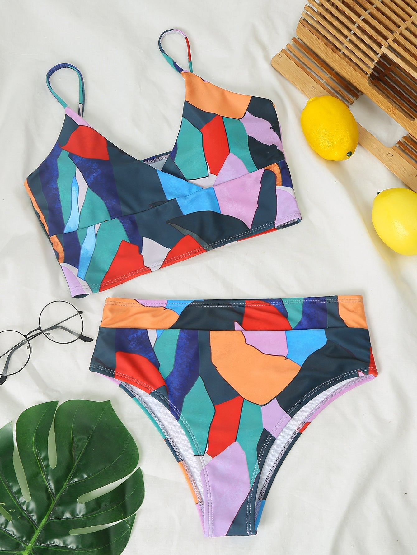 Geometric Colorful Ruffled Bikini Set for Women