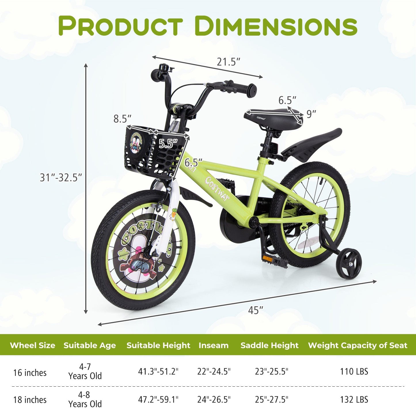 Vélo pour enfants Gbruno de 16 pouces avec roues d'entraînement réglables