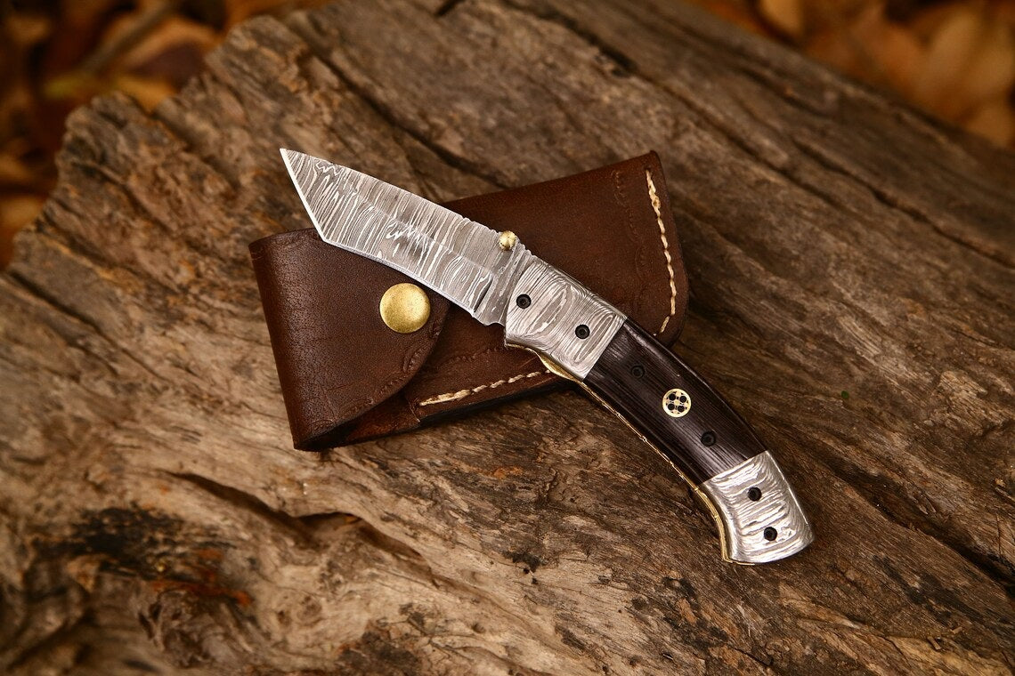 Artisan Crafted Damascus Steel Tanto Folding Knife | 3-Inch Blade, Wenge Wood Handle, Leather Sheath | Ideal Groomsman Gift - Korvel