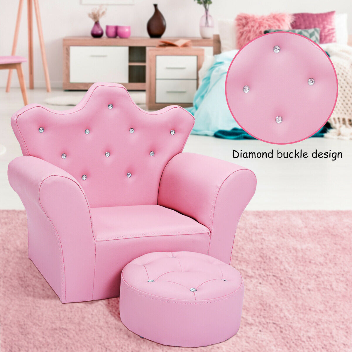 Pink Kids Sofa Armrest Couch with Ottoman