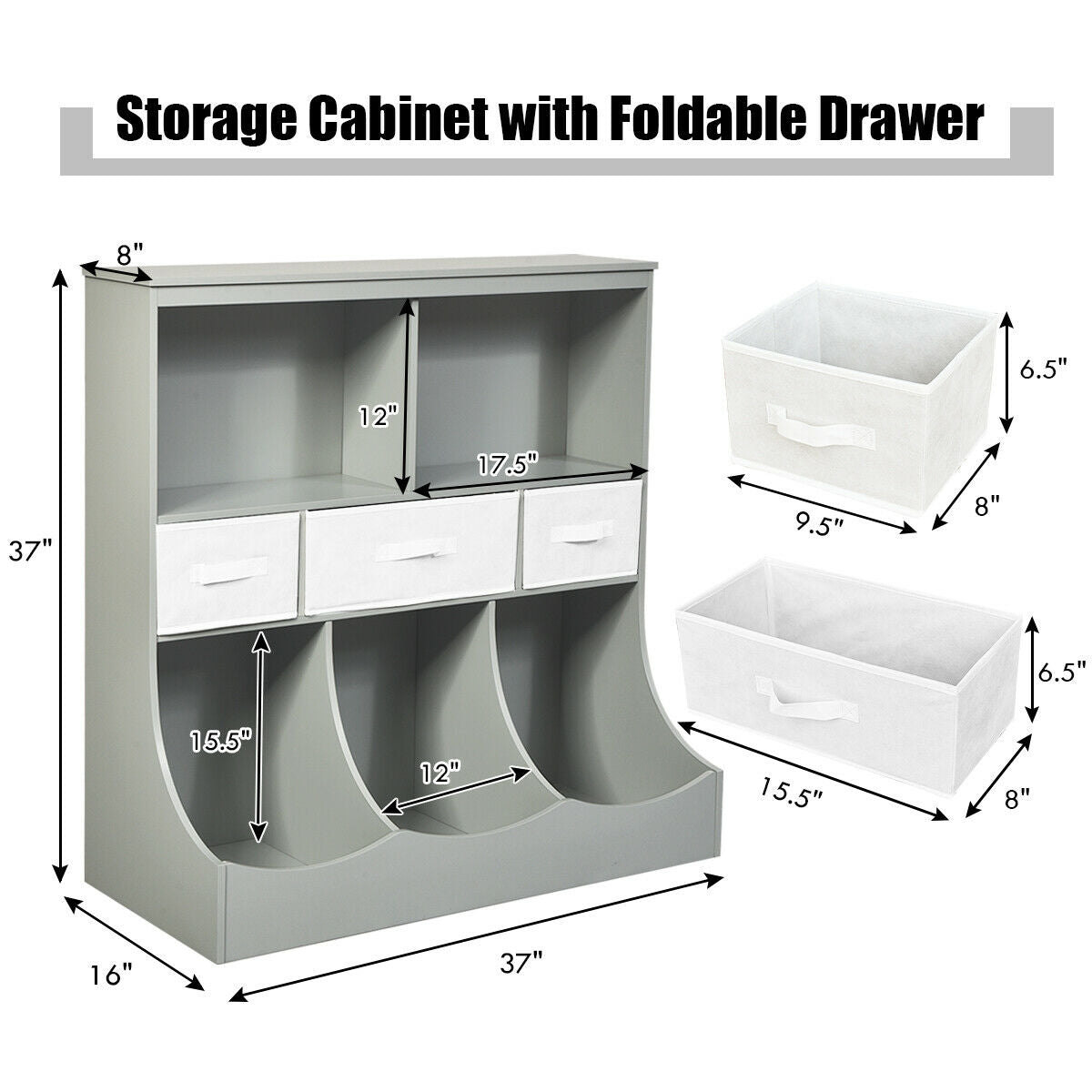 Freestanding Combo Cubby Bin Storage Organizer Unit with 3 Baskets - Gray