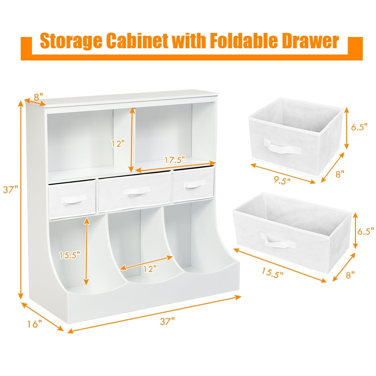 Freestanding Combo Cubby Bin Storage Organizer Unit with 3 Baskets - White