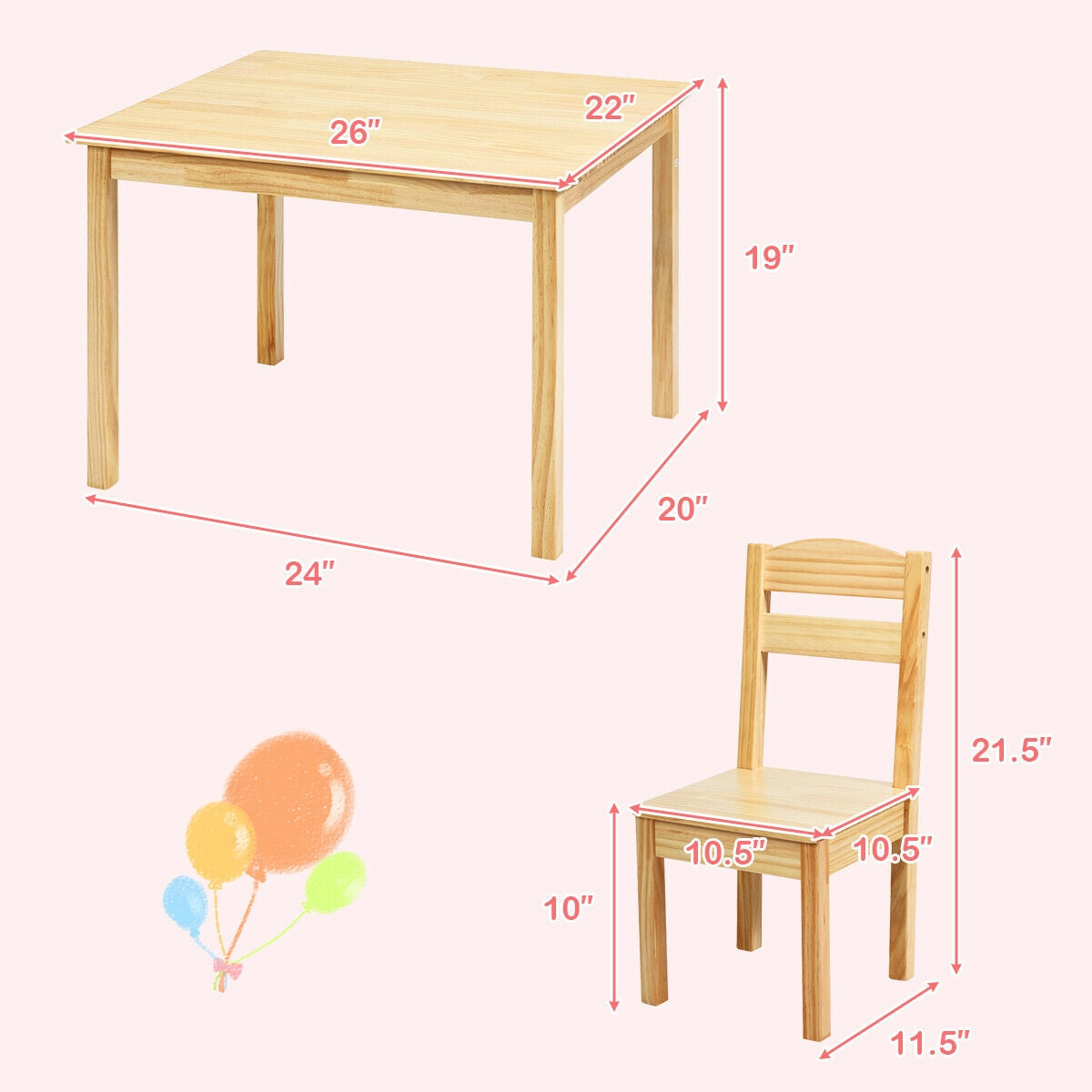 Juego de Mesa y Sillas de Madera de Pino para Niños de 5 Piezas