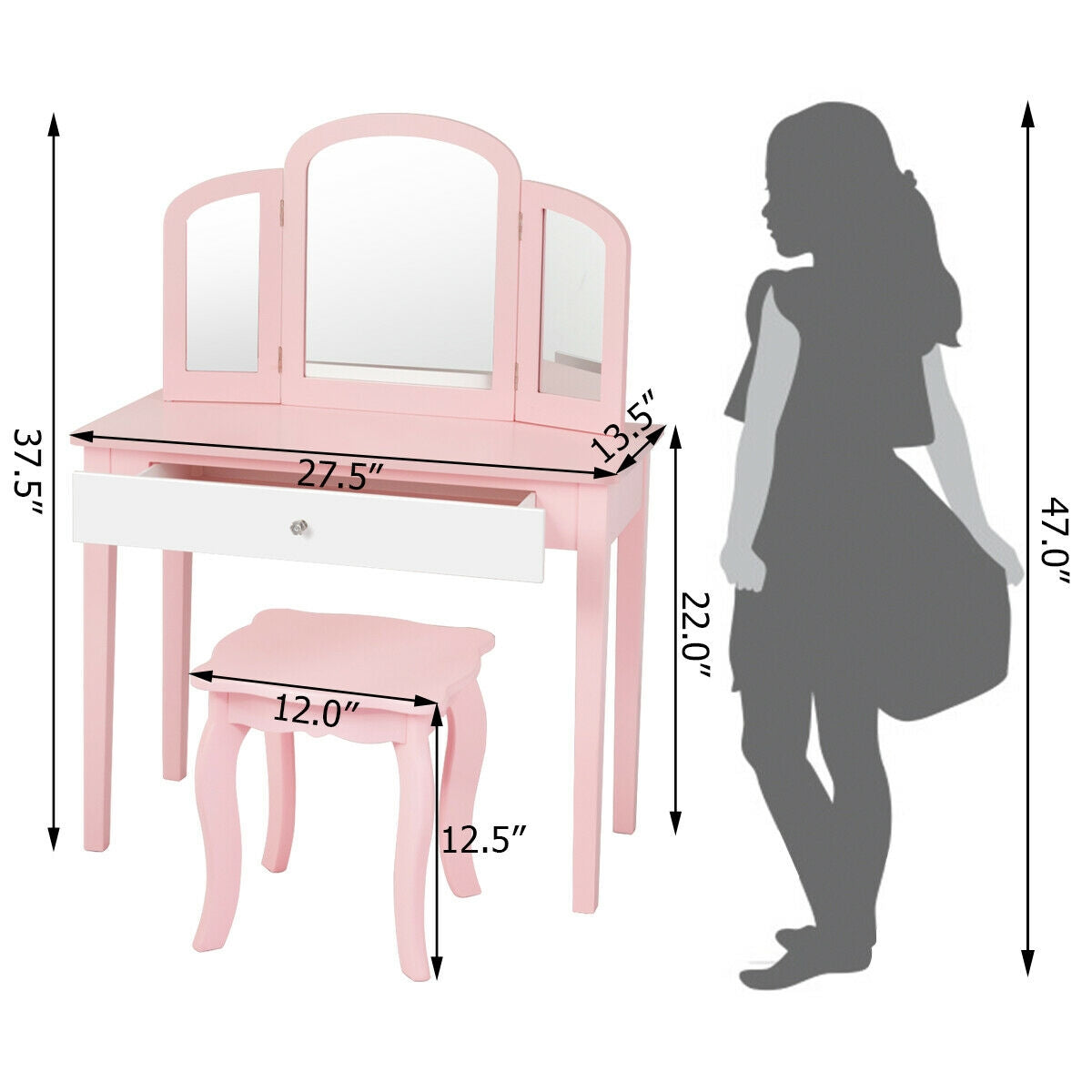 Kids Princess Make Up Dressing Table with Tri-folding Mirror - Pink