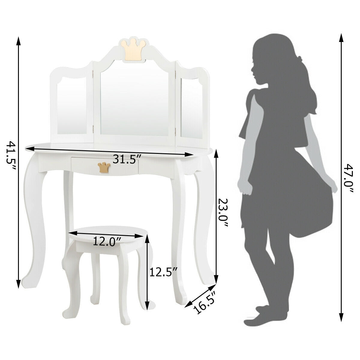 Kids Makeup Dressing Table with Tri-fold Mirror and Stool - White