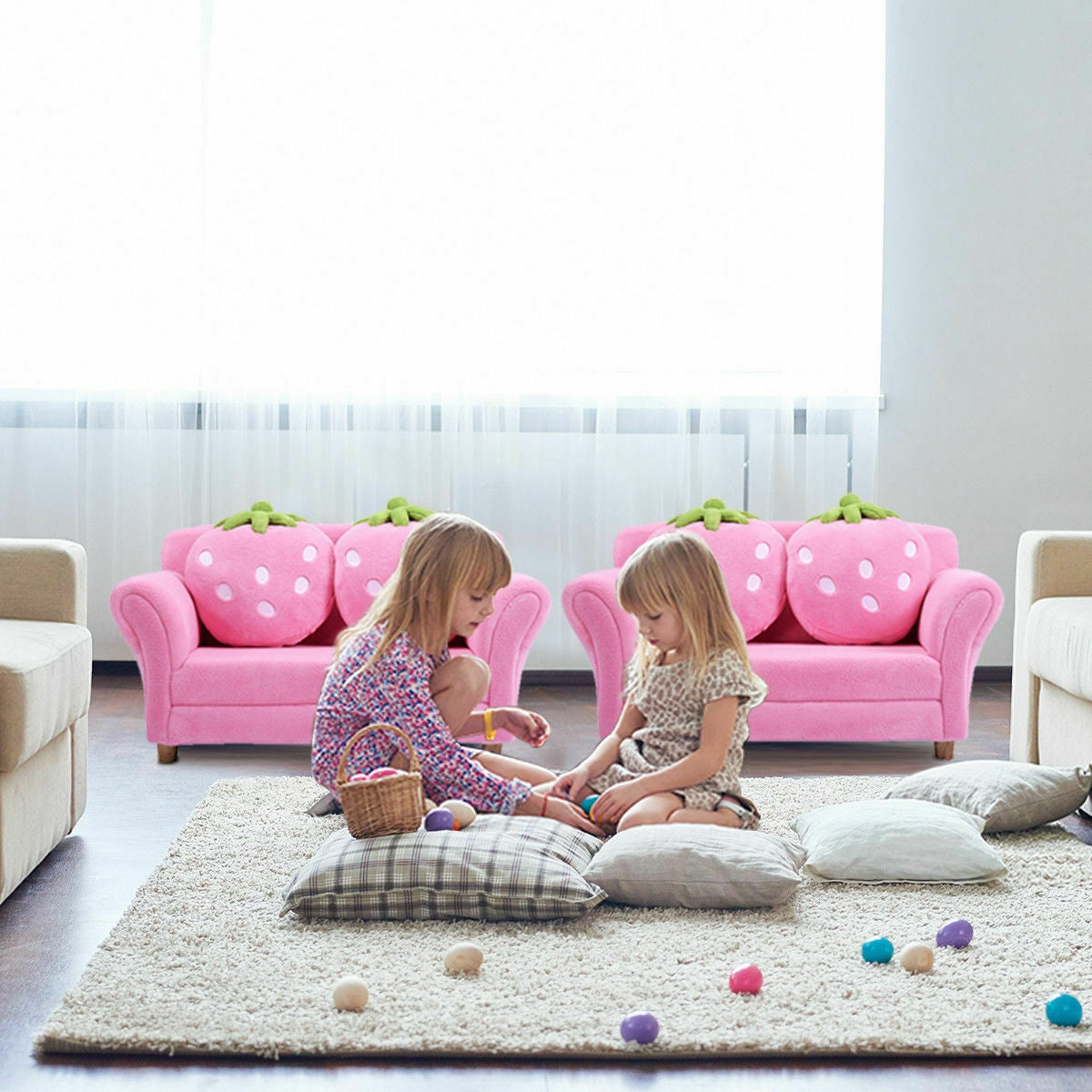 Kids Strawberry Armrest Chair Sofa with 2 Cute Pillows - Pink