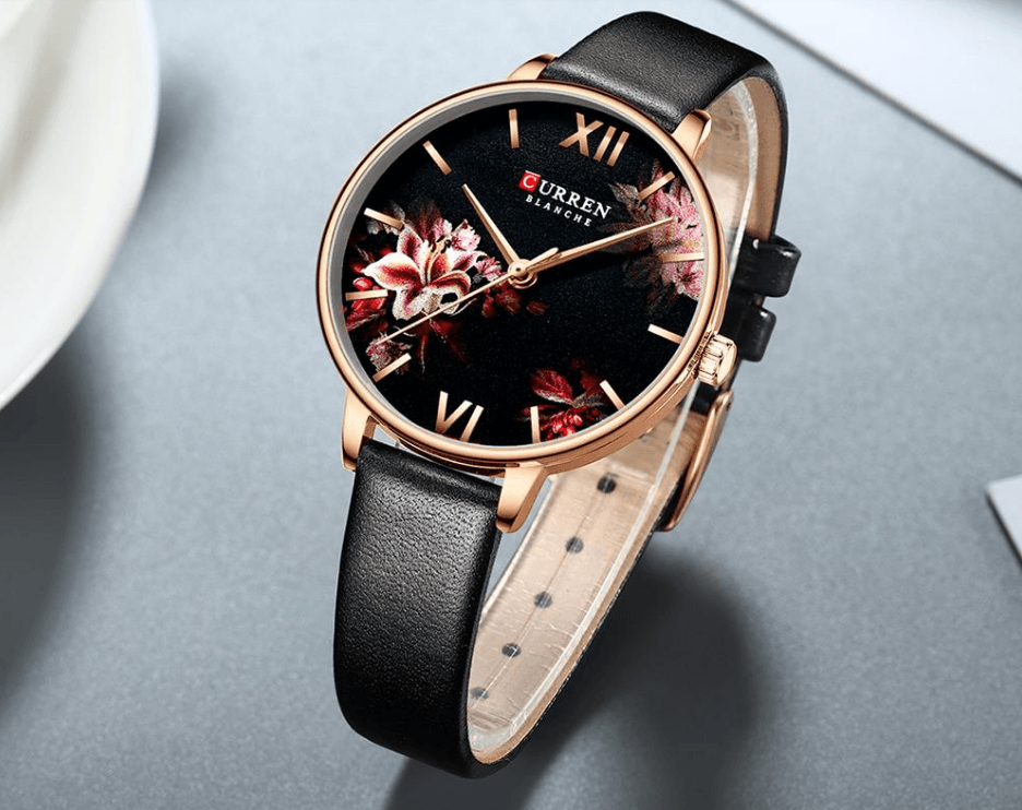 Montre Élégante pour Femme avec Motifs de Découpage Floral