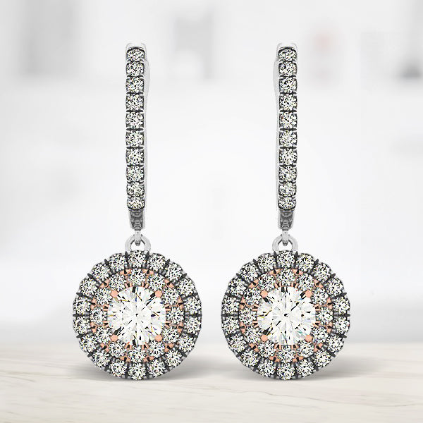 14k White and Rose Gold Drop Diamond Earrings with Halo Design